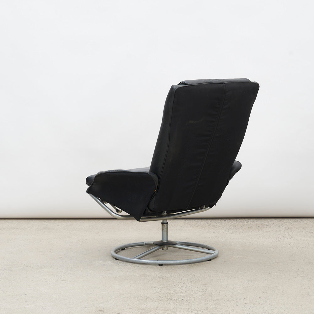 Vintage Black Leather Lounge Chair w/ Swivel & Tilt