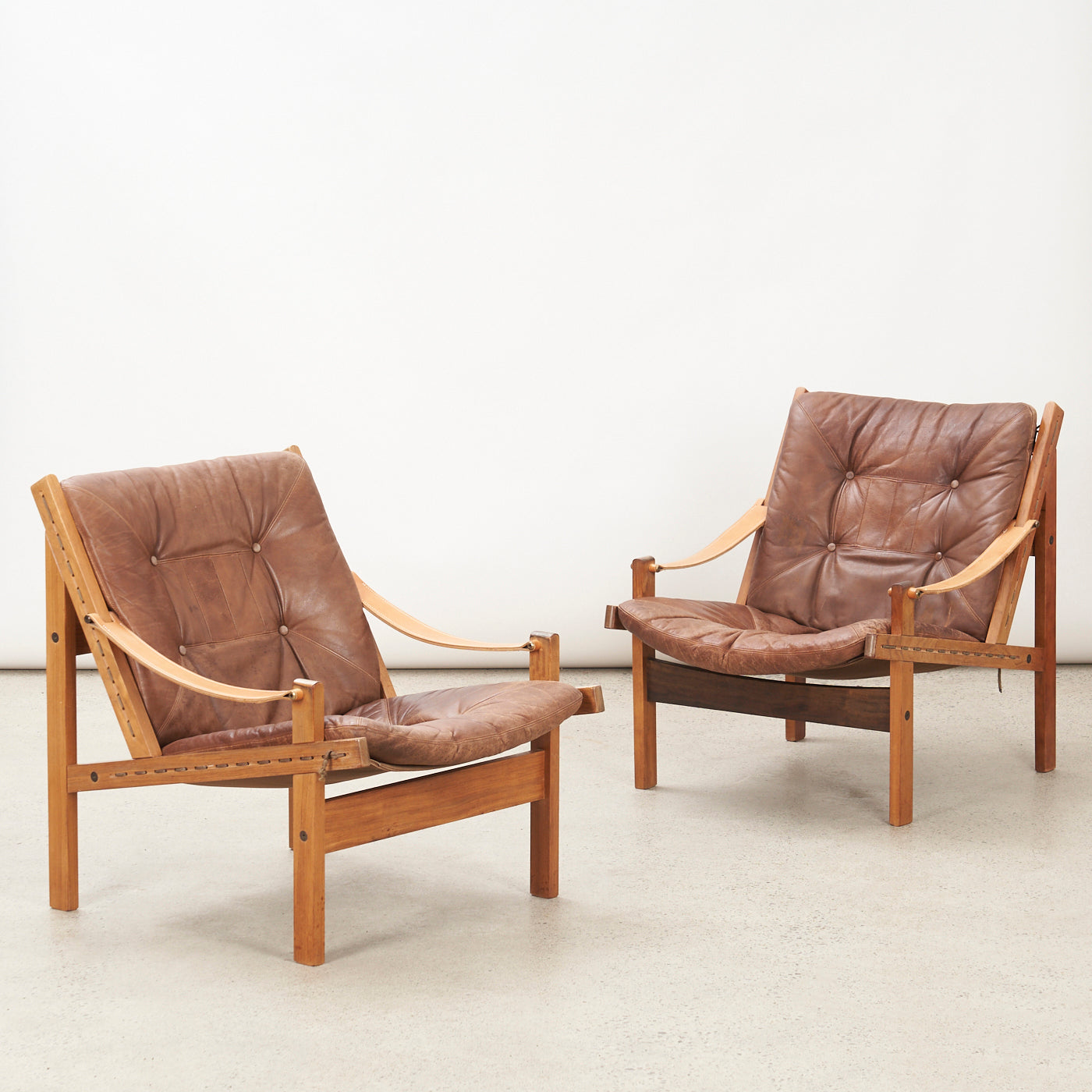 Pair of Oak & Leather 'Hunter' Lounge Chairs by Torbjørn Afdal for Bruksbo, Norway