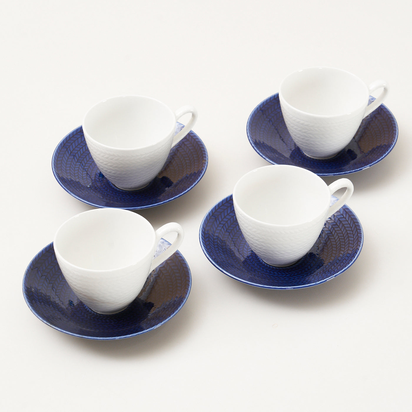 Set of 4 Ceramic 'Blue Fire' Cups & Saucers by Hertha Bengtson for Rörstrand, Sweden