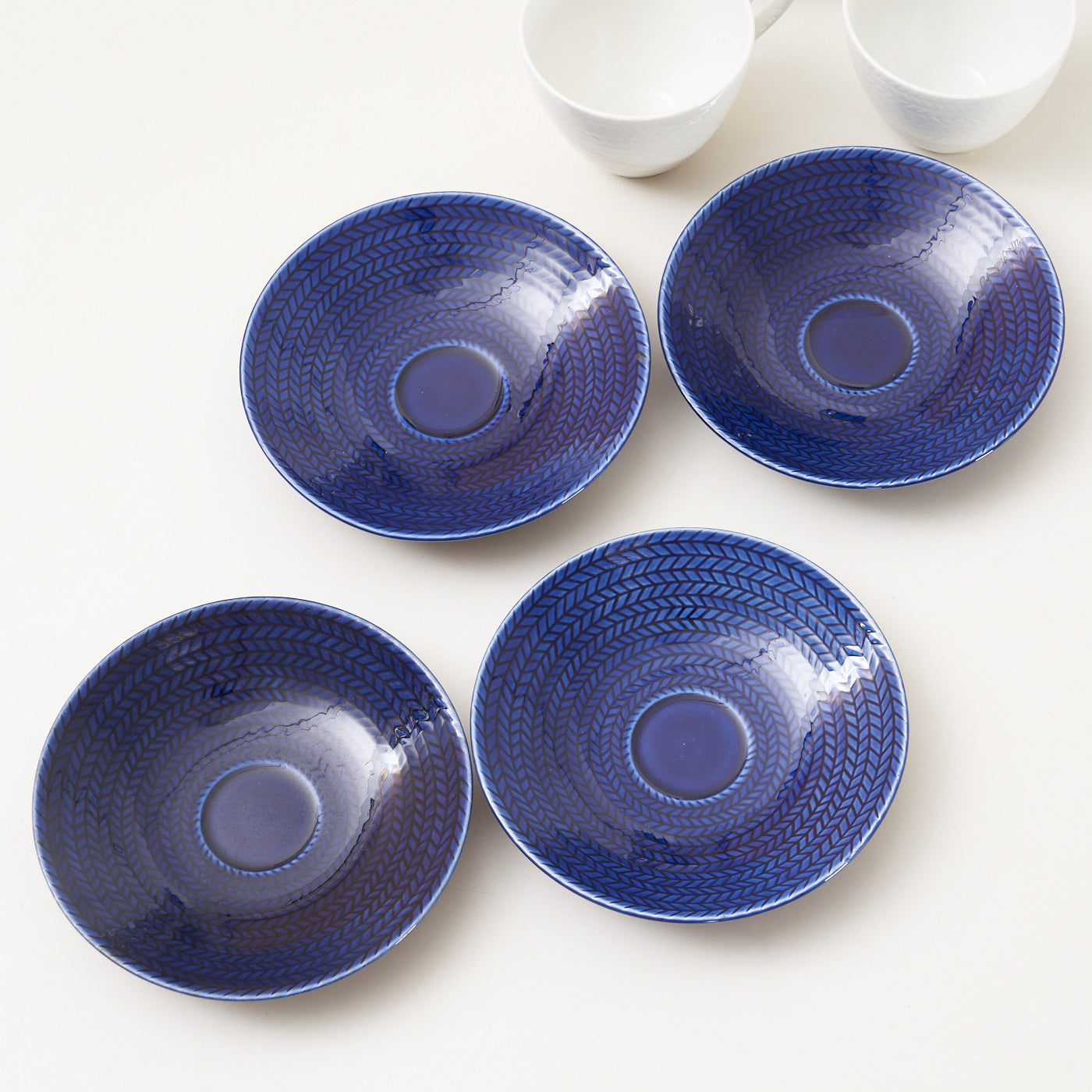 Set of 4 Ceramic 'Blue Fire' Cups & Saucers by Hertha Bengtson for Rörstrand, Sweden