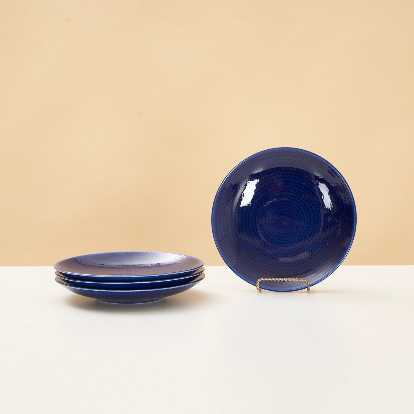 Set of 4 Ceramic 'Blue Fire' Dessert Plates by Hertha Bengtson for Rörstrand, Sweden