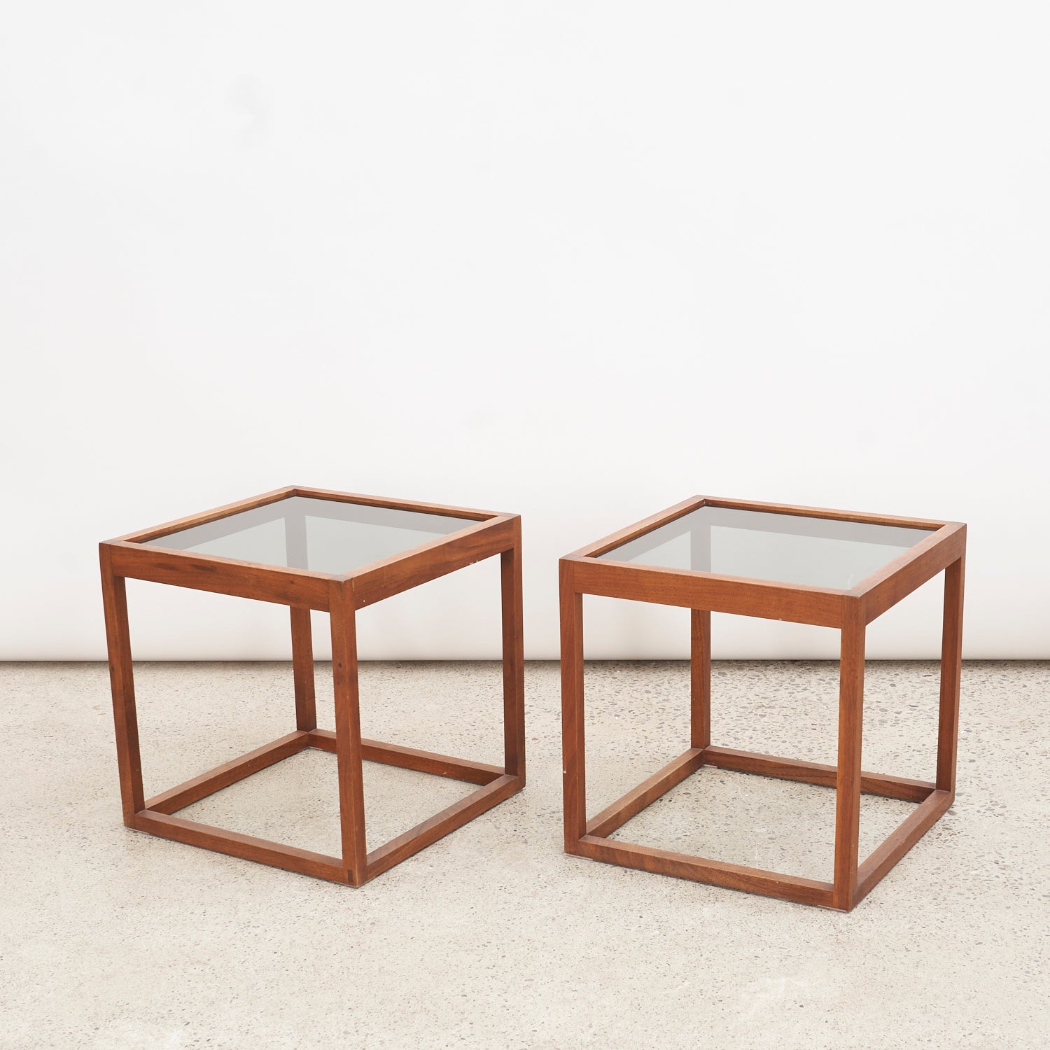 Pair of Walnut & Smoked Glass Side Tables