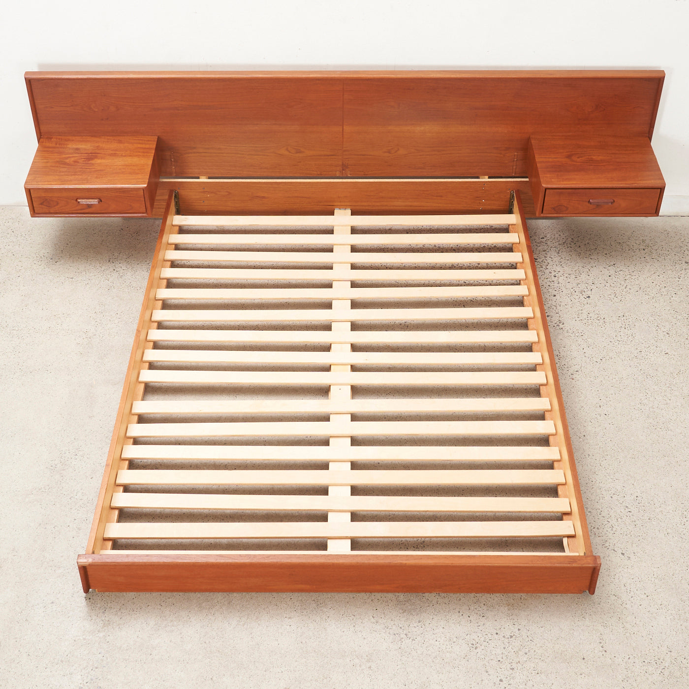 Teak Queen Bed Frame w/ Floating Nightstands