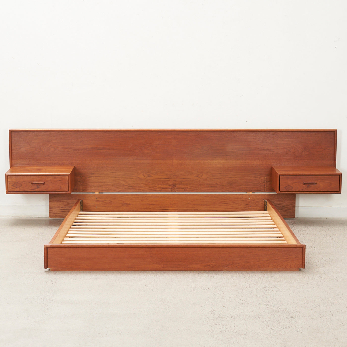 Teak Queen Bed Frame w/ Floating Nightstands