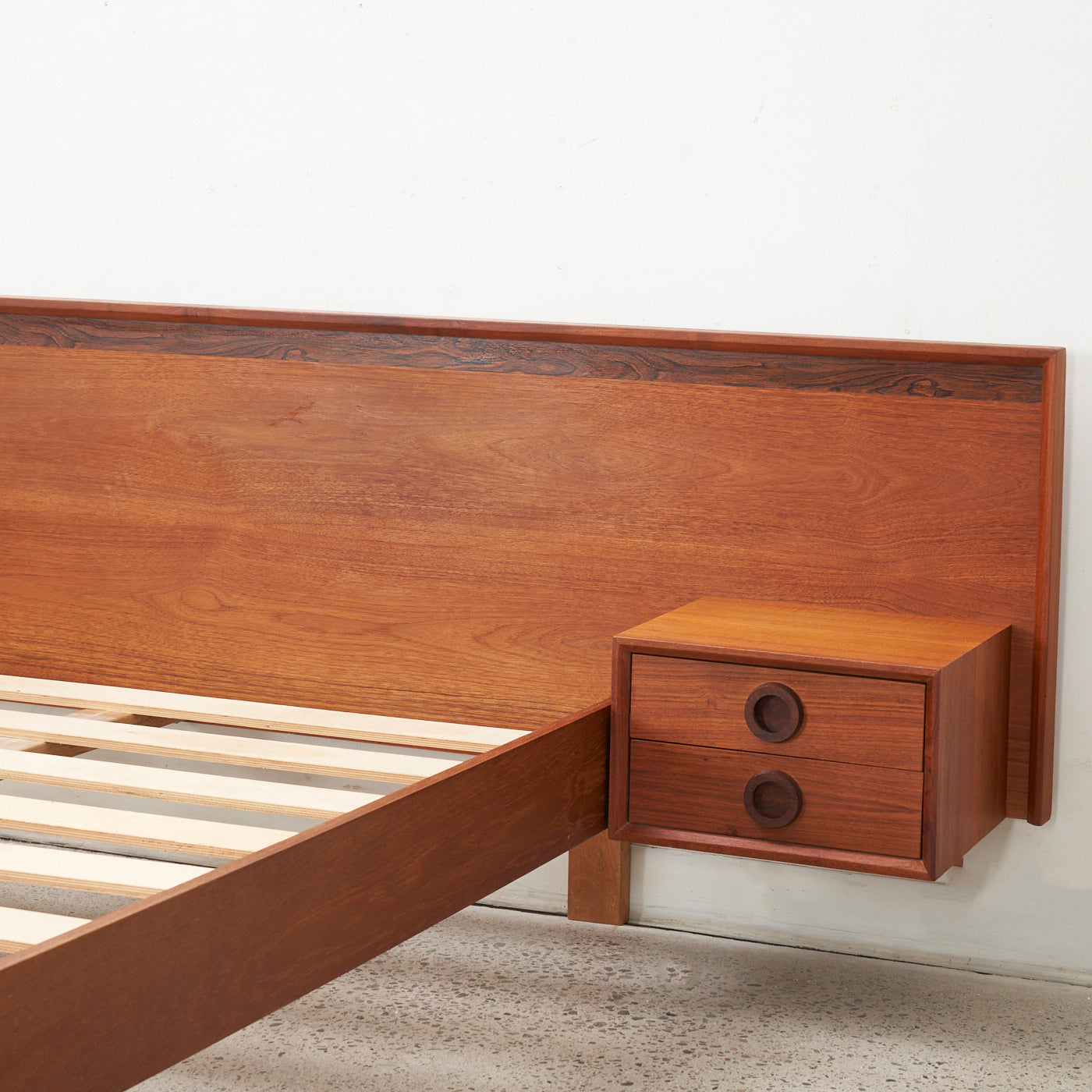 Teak & Rosewood Queen Bed w/ Floating Nightstands