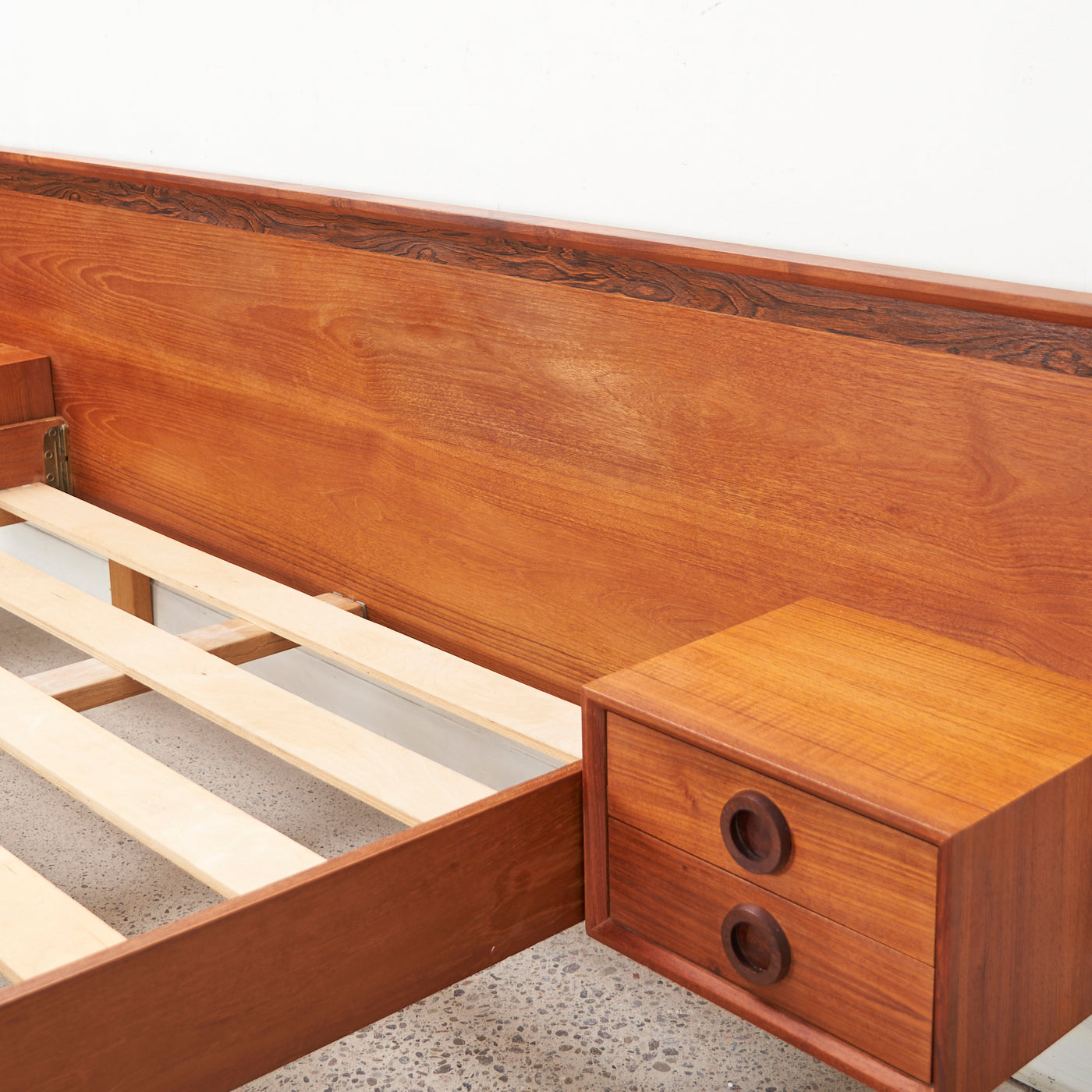 Teak & Rosewood Queen Bed w/ Floating Nightstands