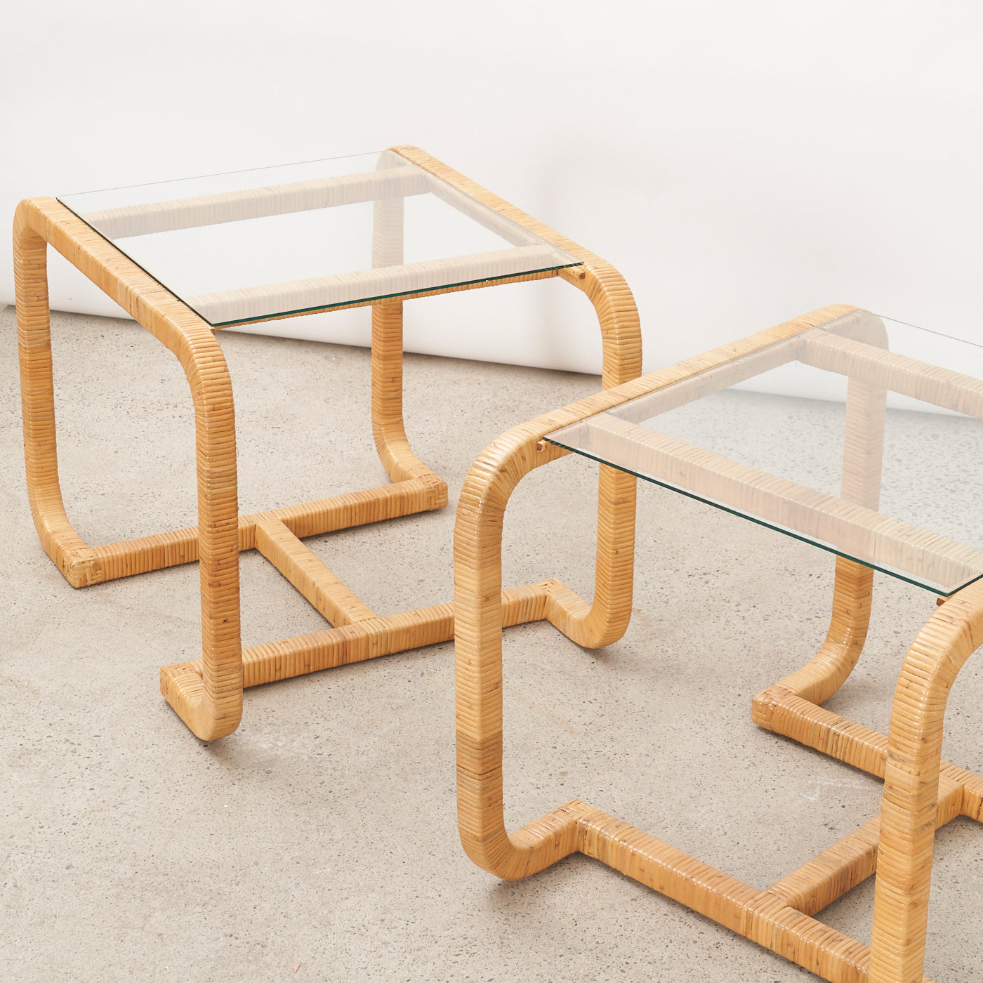 Pair of Vintage Rattan & Glass Side Tables