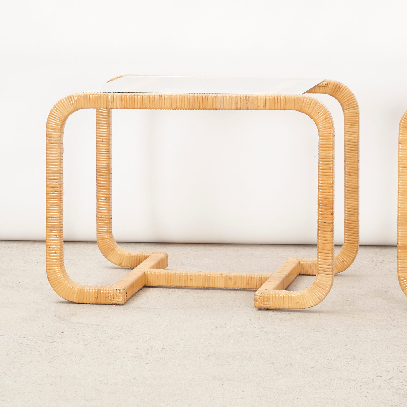 Pair of Vintage Rattan & Glass Side Tables