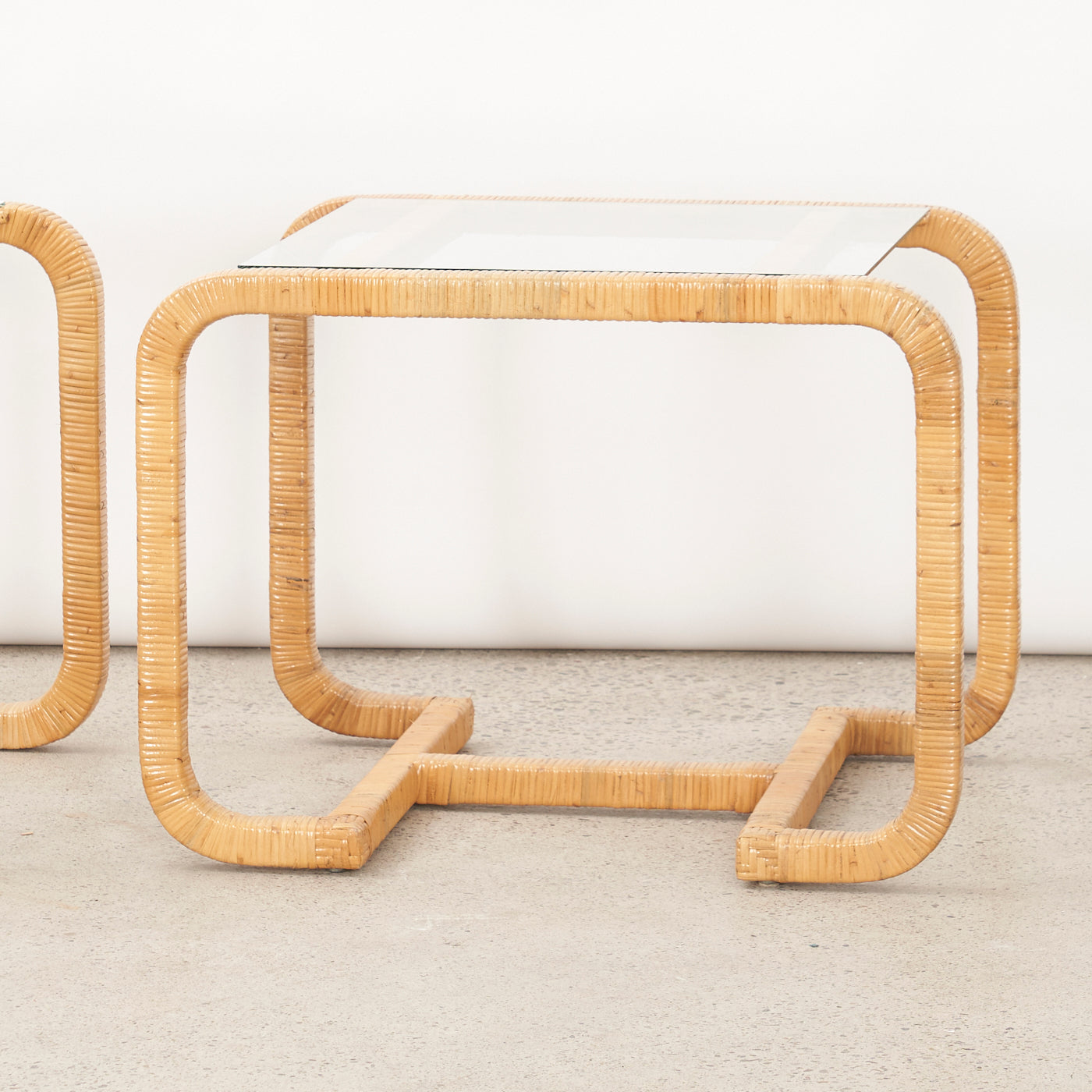 Pair of Vintage Rattan & Glass Side Tables