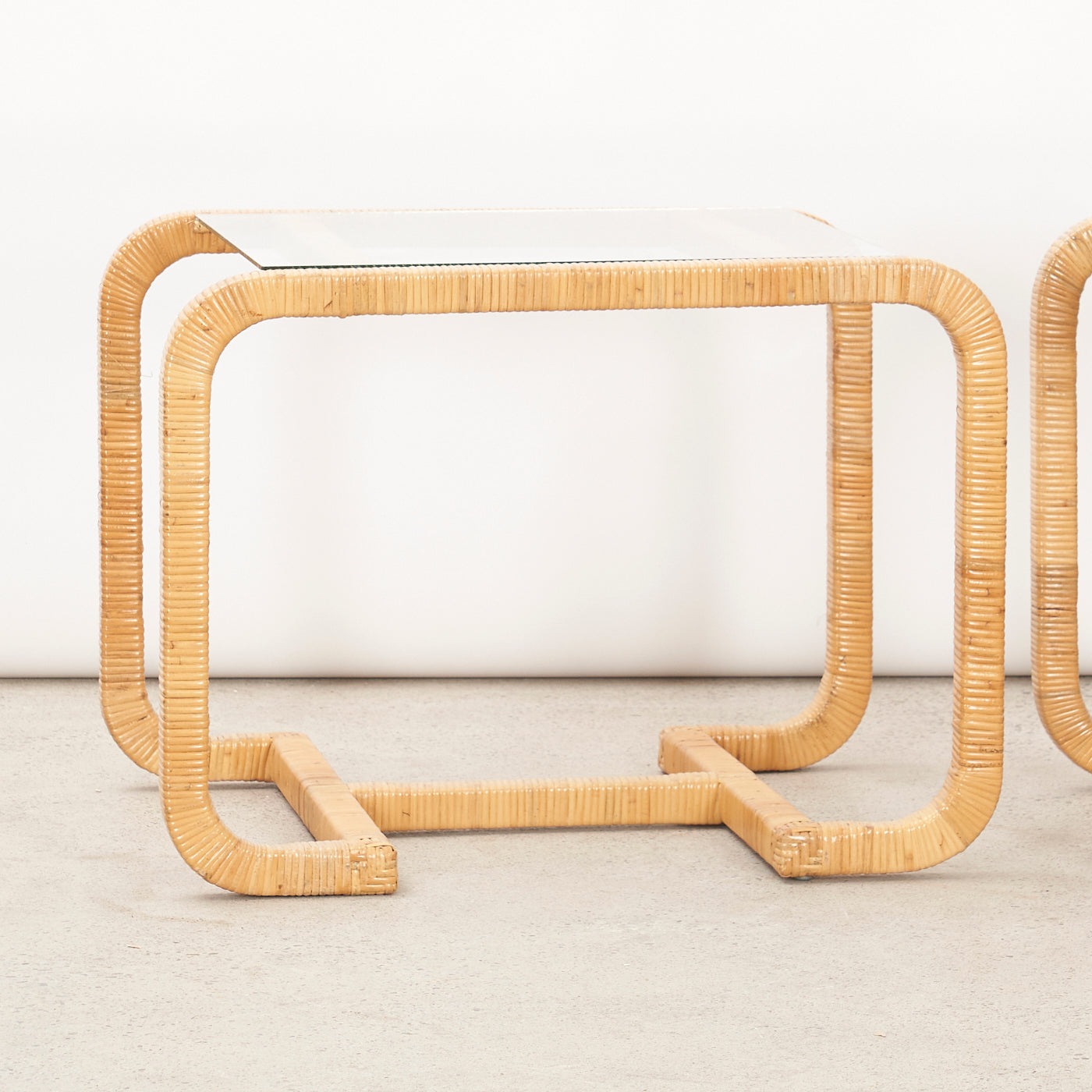 Pair of Vintage Rattan & Glass Side Tables