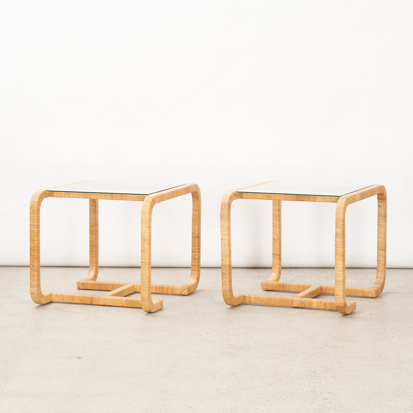 Pair of Vintage Rattan & Glass Side Tables