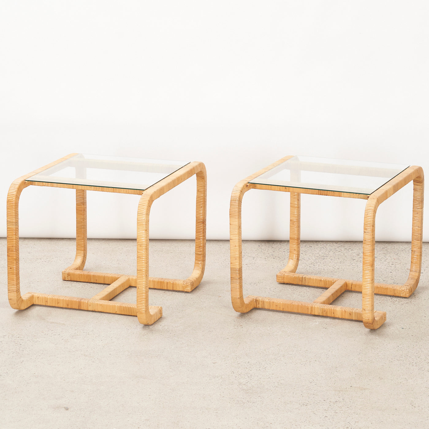 Pair of Vintage Rattan & Glass Side Tables