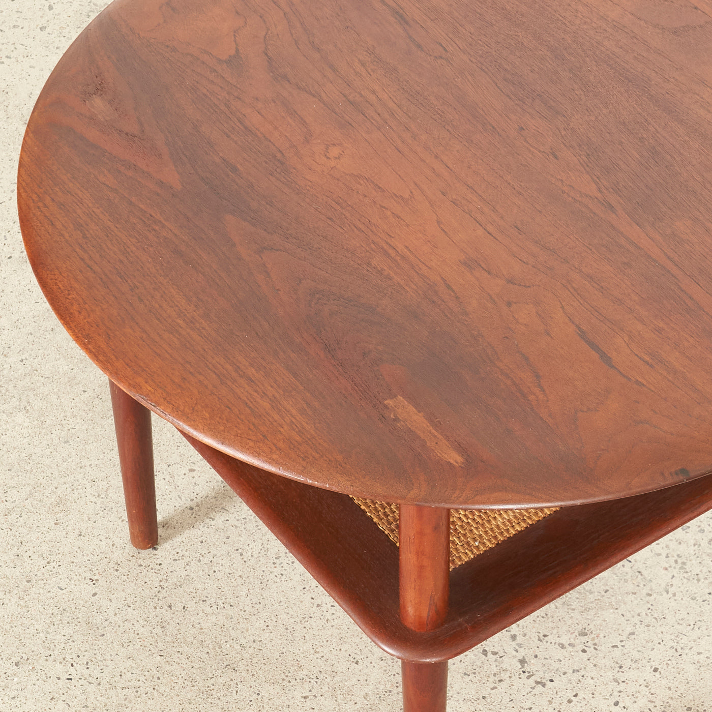 Round Teak Side Table w/ Cane Shelf by Peter Hvidt for France & Daverkosen, Denmark