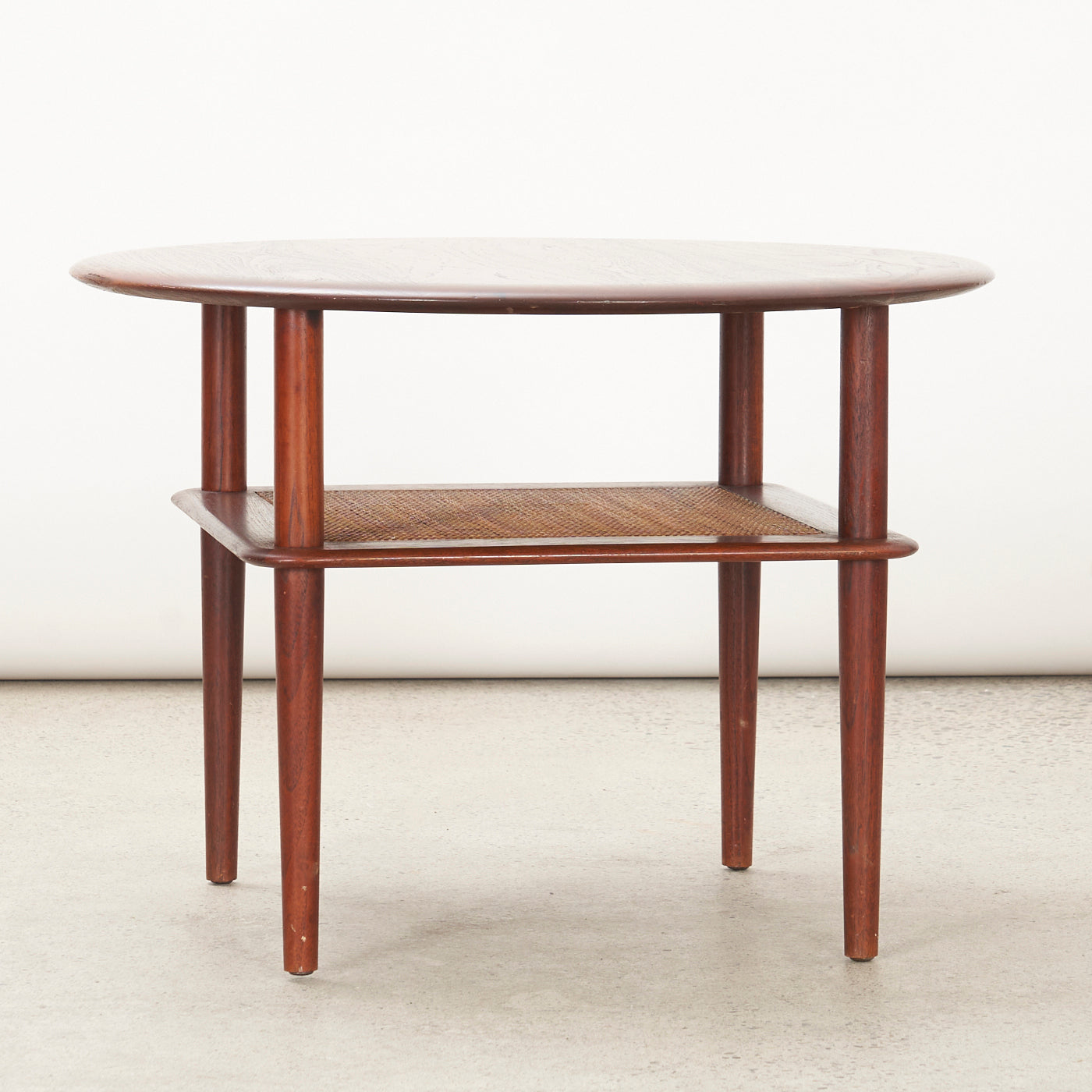 Round Teak Side Table w/ Cane Shelf by Peter Hvidt for France & Daverkosen, Denmark