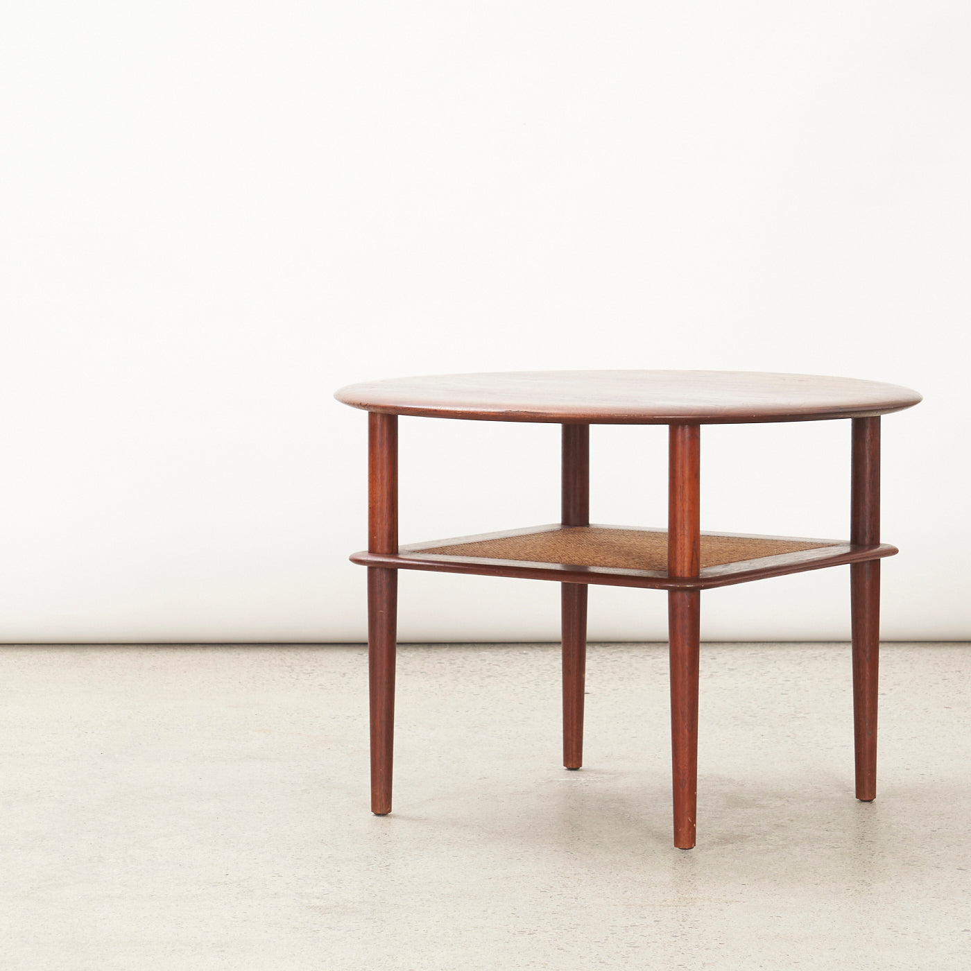 Round Teak Side Table w/ Cane Shelf by Peter Hvidt for France & Daverkosen, Denmark
