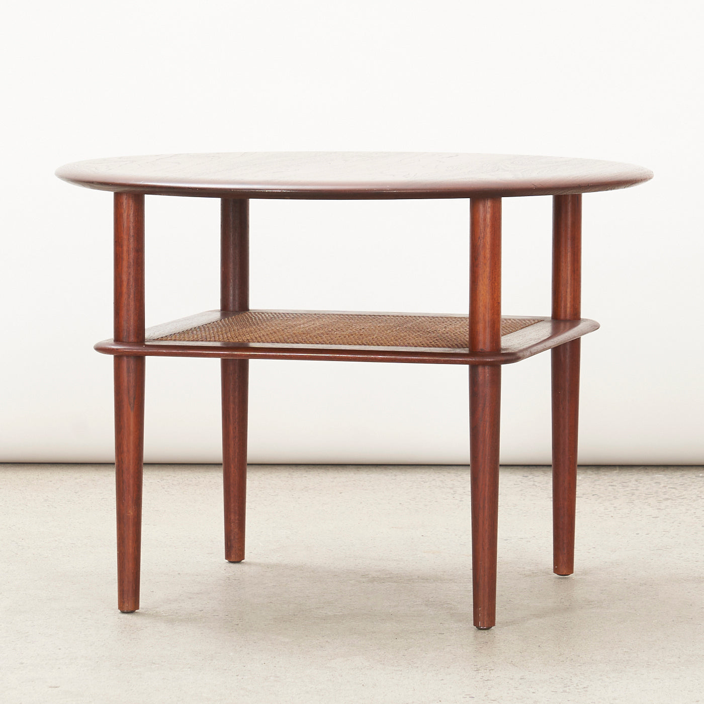Round Teak Side Table w/ Cane Shelf by Peter Hvidt for France & Daverkosen, Denmark