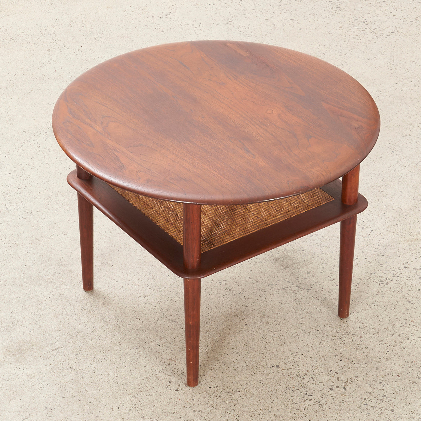 Round Teak Side Table w/ Cane Shelf by Peter Hvidt for France & Daverkosen, Denmark