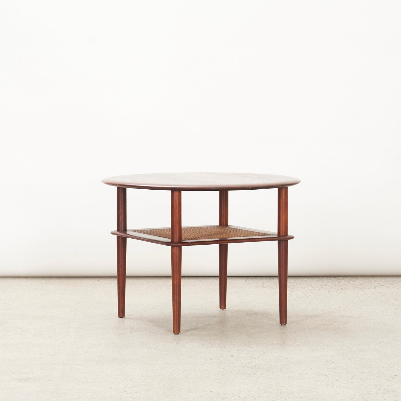 Round Teak Side Table w/ Cane Shelf by Peter Hvidt for France & Daverkosen, Denmark