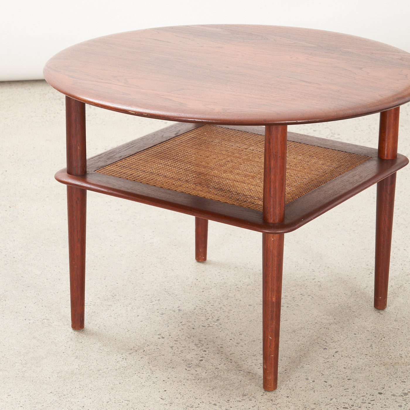Round Teak Side Table w/ Cane Shelf by Peter Hvidt for France & Daverkosen, Denmark