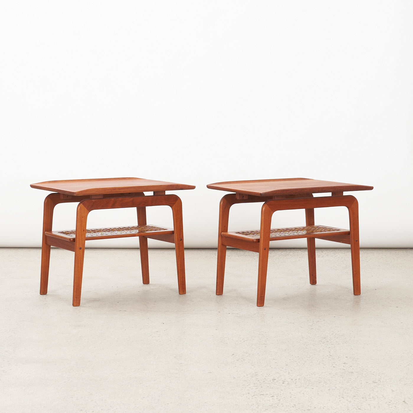 Pair of Teak Side Tables w/ Cane Shelves
