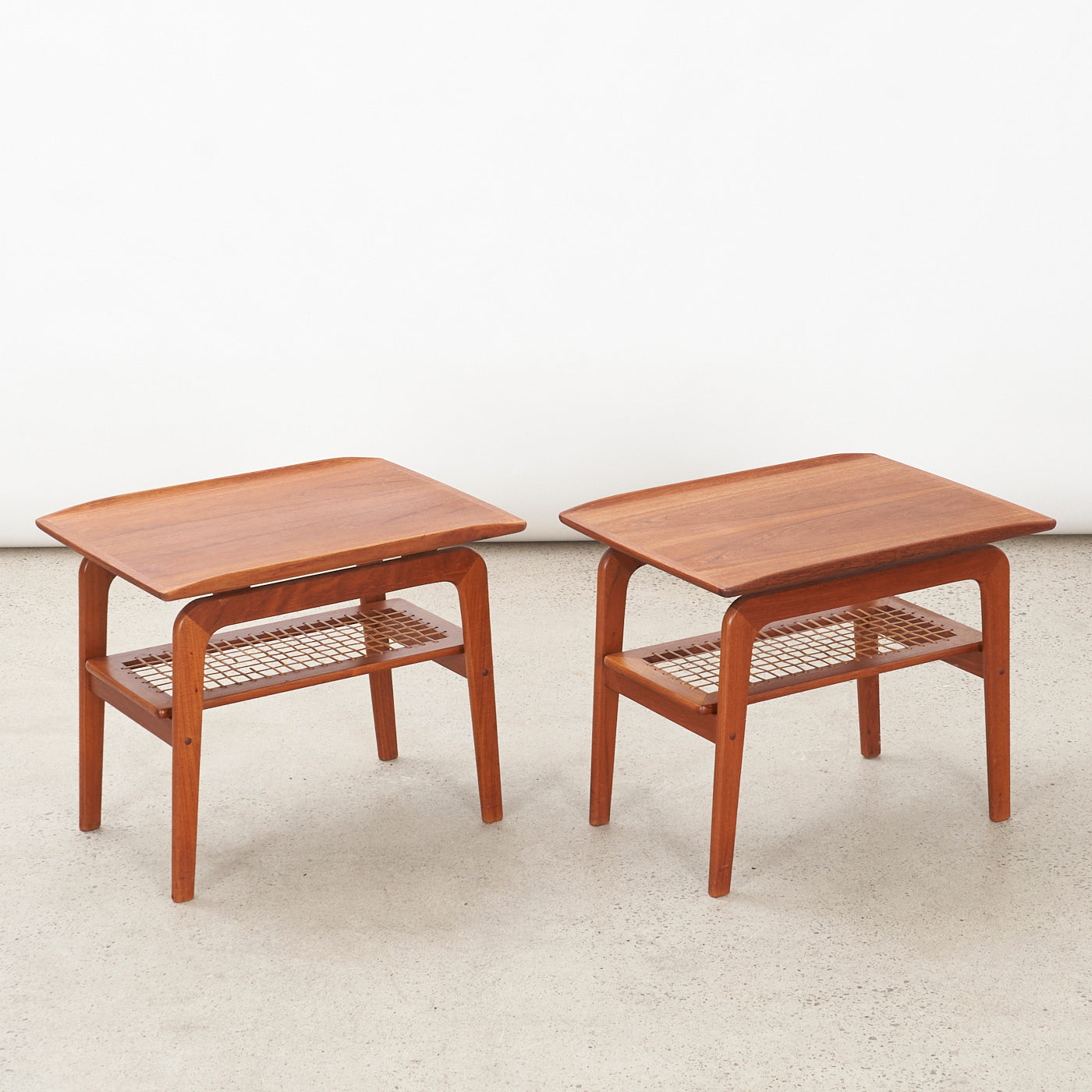 Pair of Teak Side Tables w/ Cane Shelves