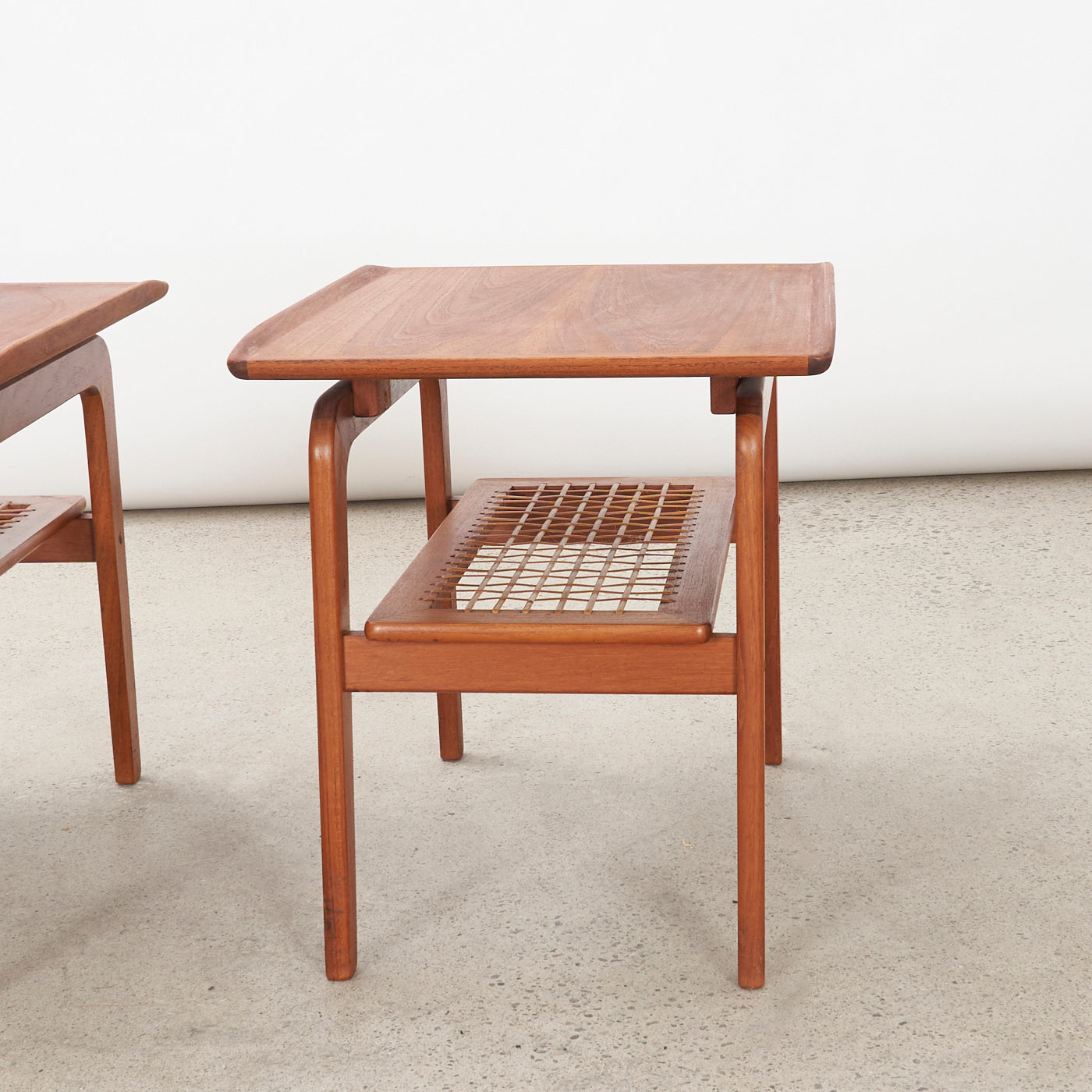 Pair of Teak Side Tables w/ Cane Shelves