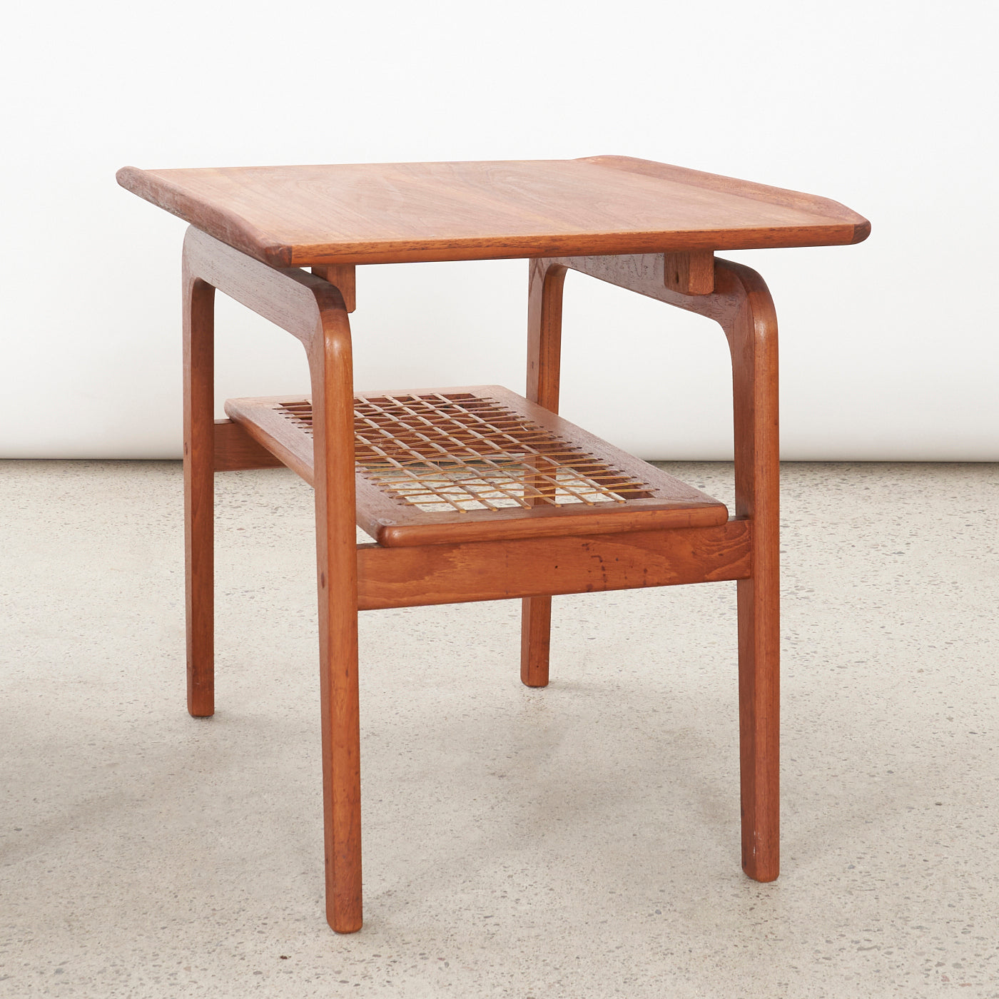Pair of Teak Side Tables w/ Cane Shelves