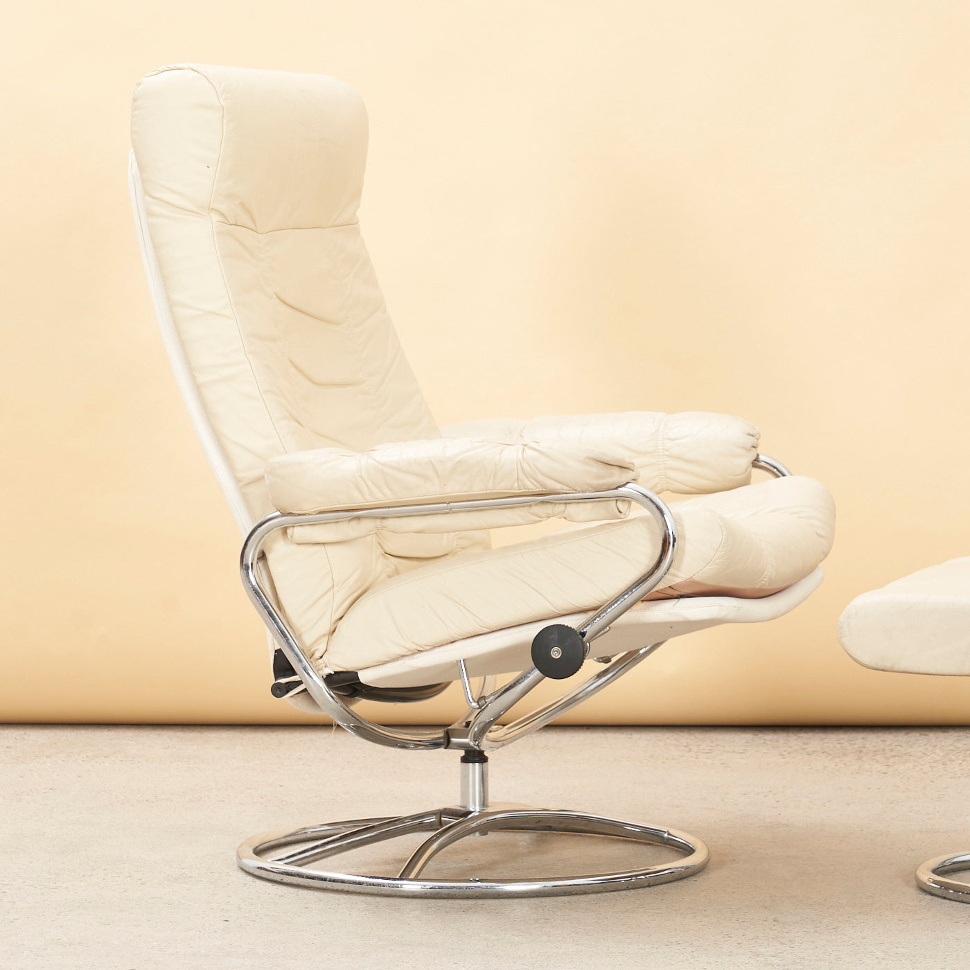 Vintage Chrome & Leather Reclining Lounge Chair & Ottoman