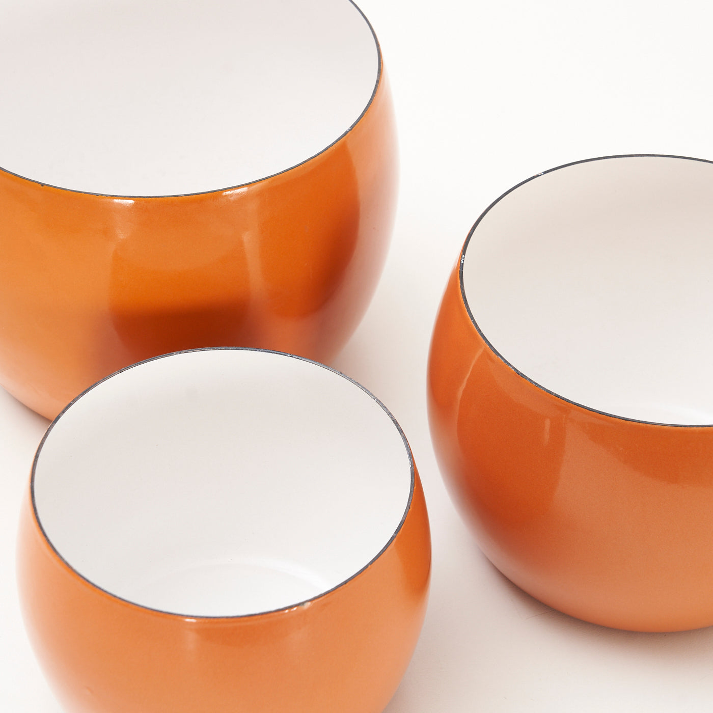 Set of 3 Orange Enamel 'Købenstyle' Bowls by Jens Quistgaard for Dansk