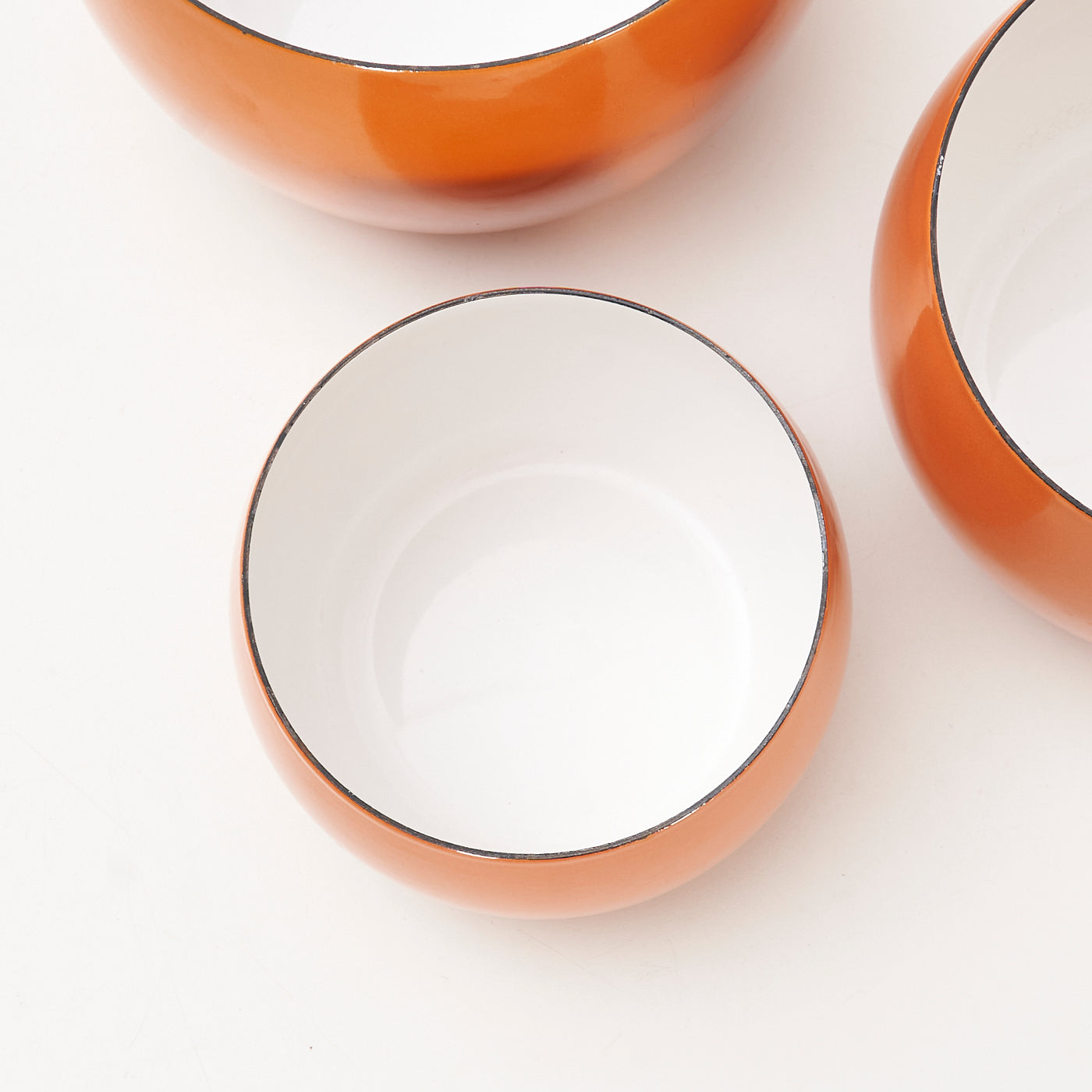 Set of 3 Orange Enamel 'Købenstyle' Bowls by Jens Quistgaard for Dansk