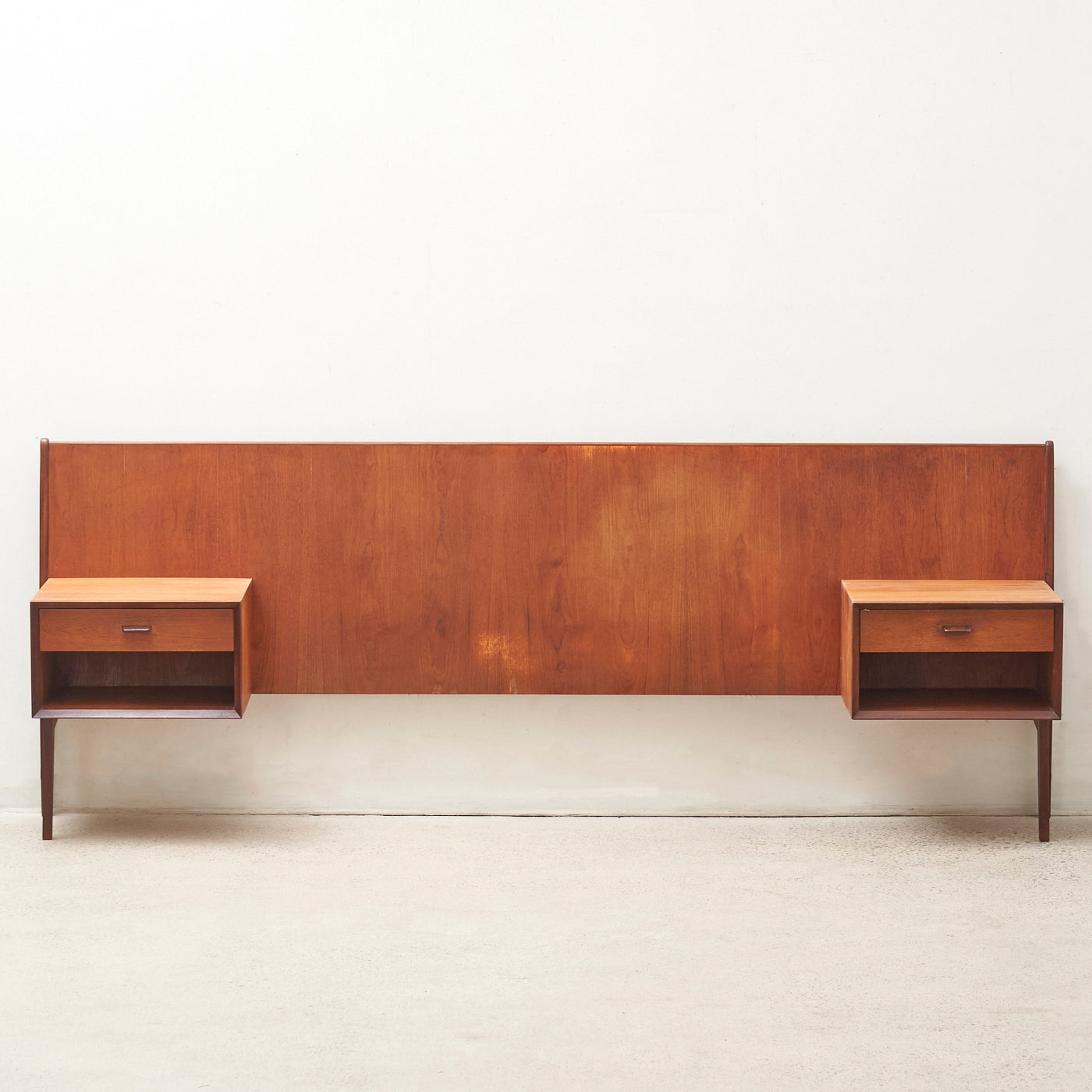 Teak Freestanding Double Headboard w/ Nightstands