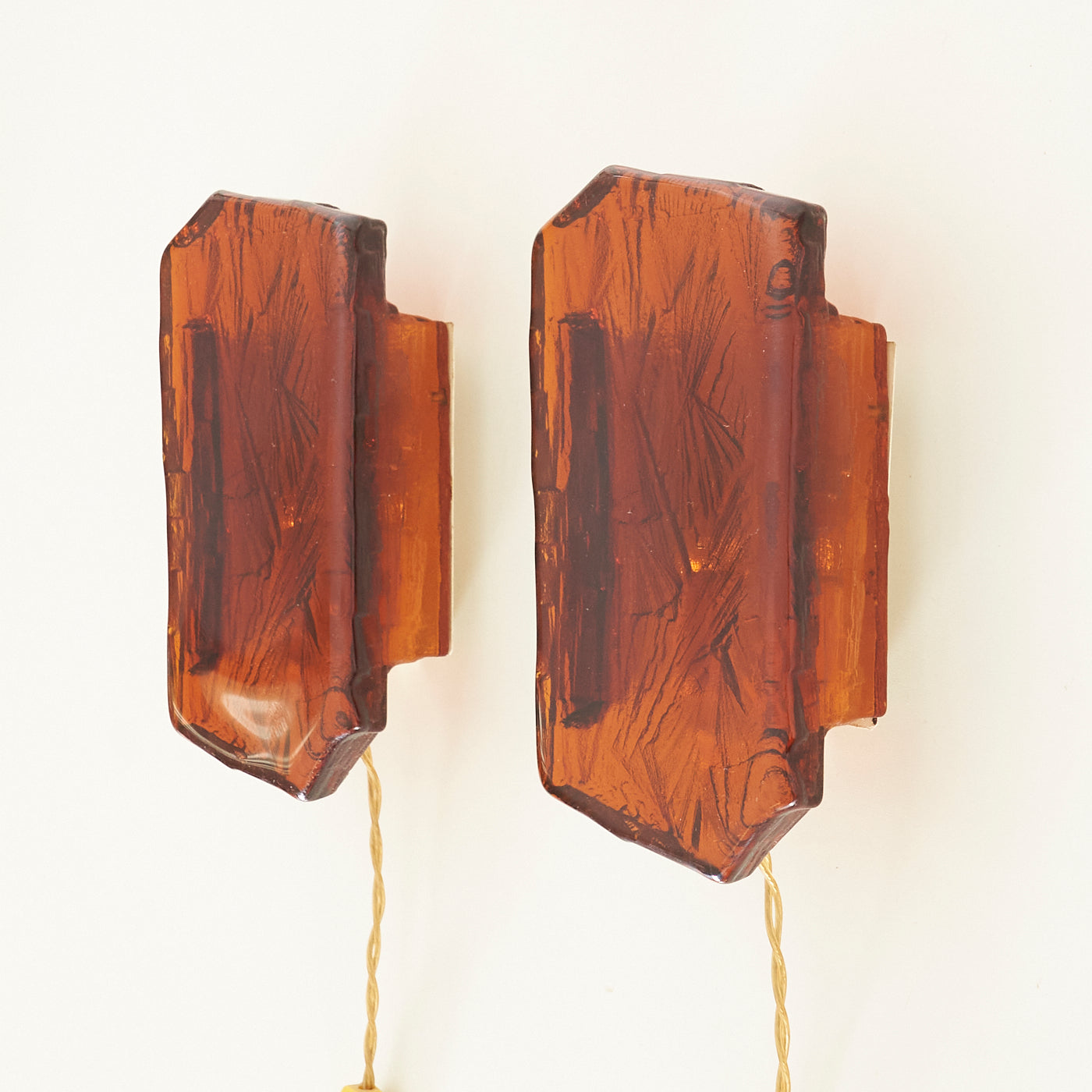 Pair of Textured Amber Glass Wall Sconces by Vitrika, Denmark