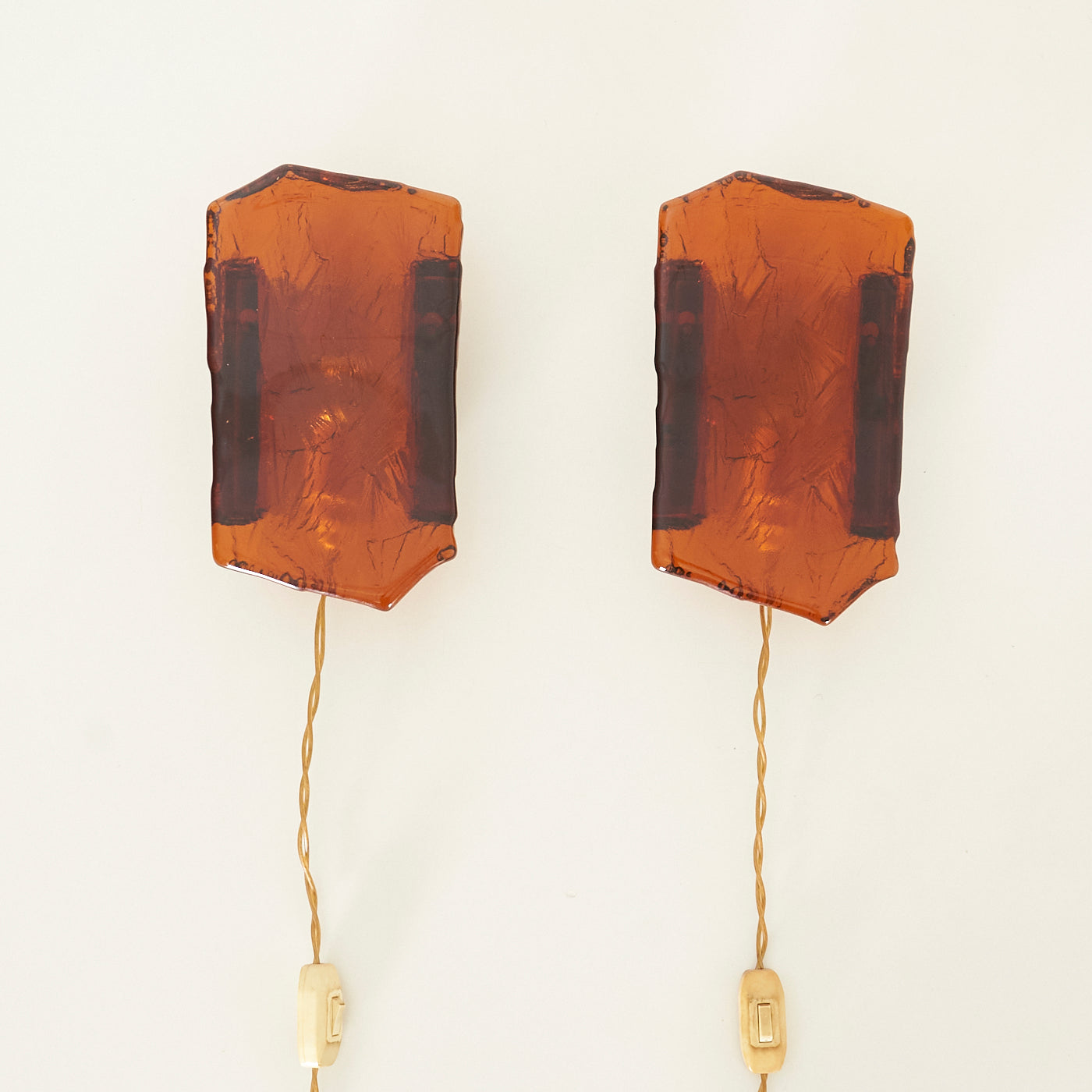 Pair of Textured Amber Glass Wall Sconces by Vitrika, Denmark
