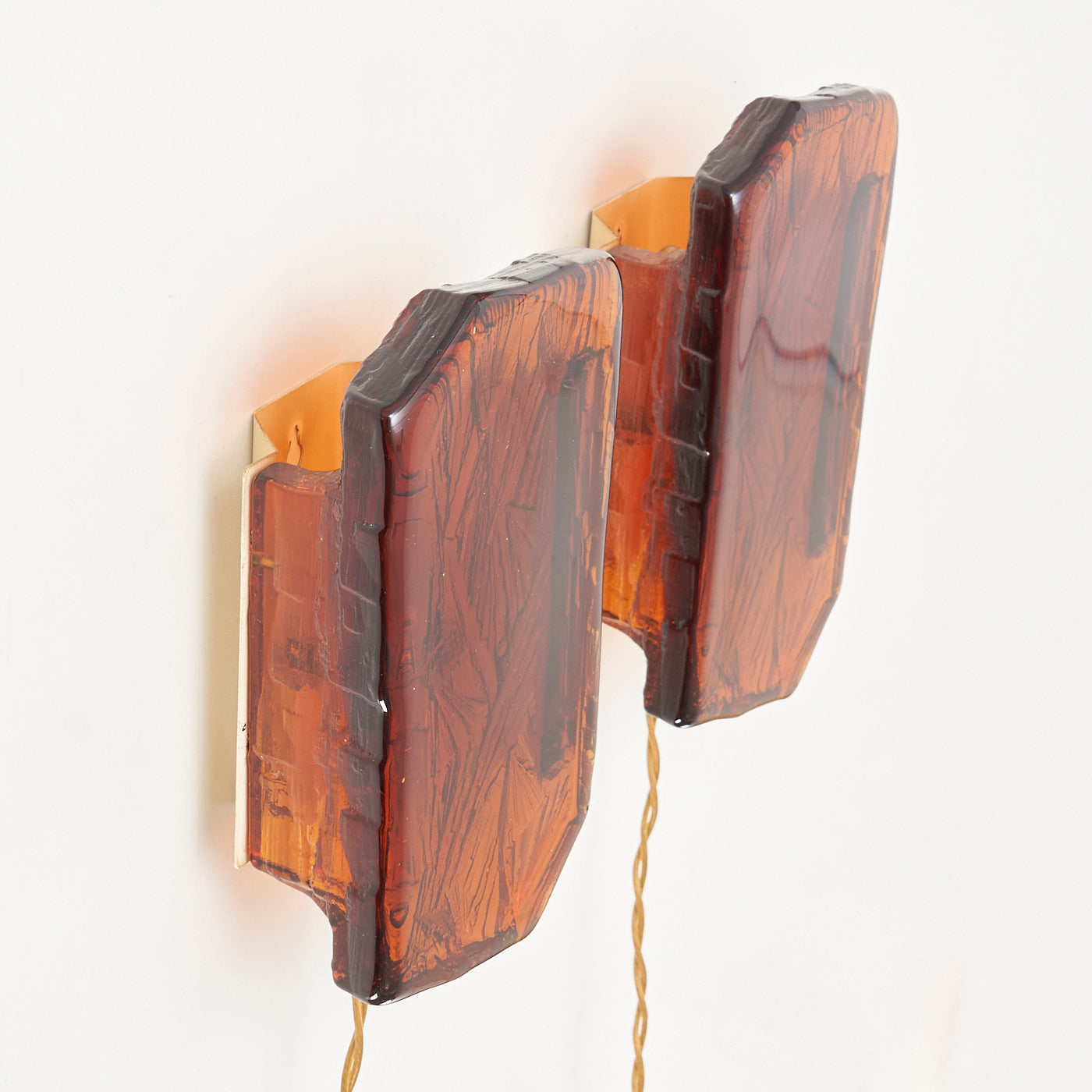 Pair of Textured Amber Glass Wall Sconces by Vitrika, Denmark