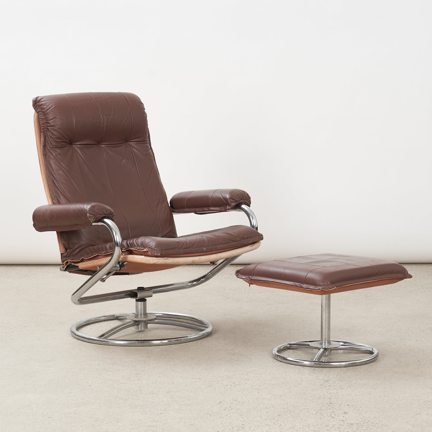 Vintage Chrome & Leather Lounge Chair & Ottoman