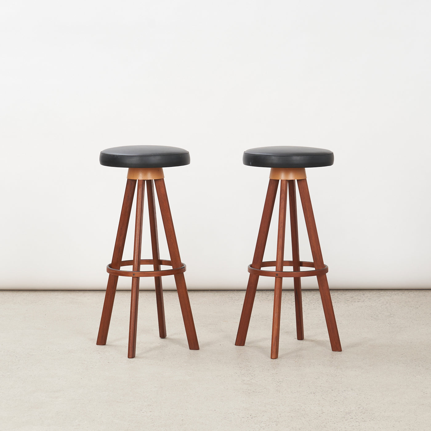 Pair of Teak & Black Vinyl Bar Stools by Hans Olsen for Frem Røjle, Denmark