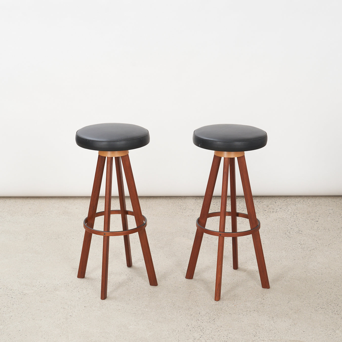 Pair of Teak & Black Vinyl Bar Stools by Hans Olsen for Frem Røjle, Denmark