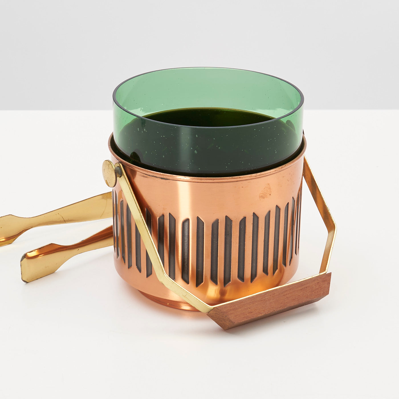 Green Glass & Copper Ice Bucket