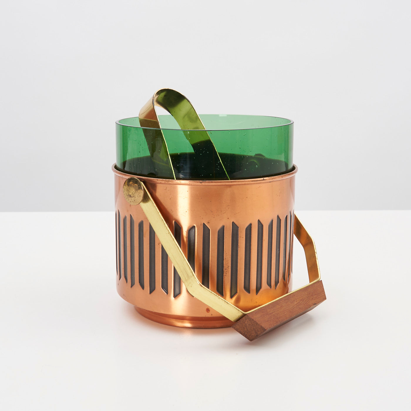 Green Glass & Copper Ice Bucket