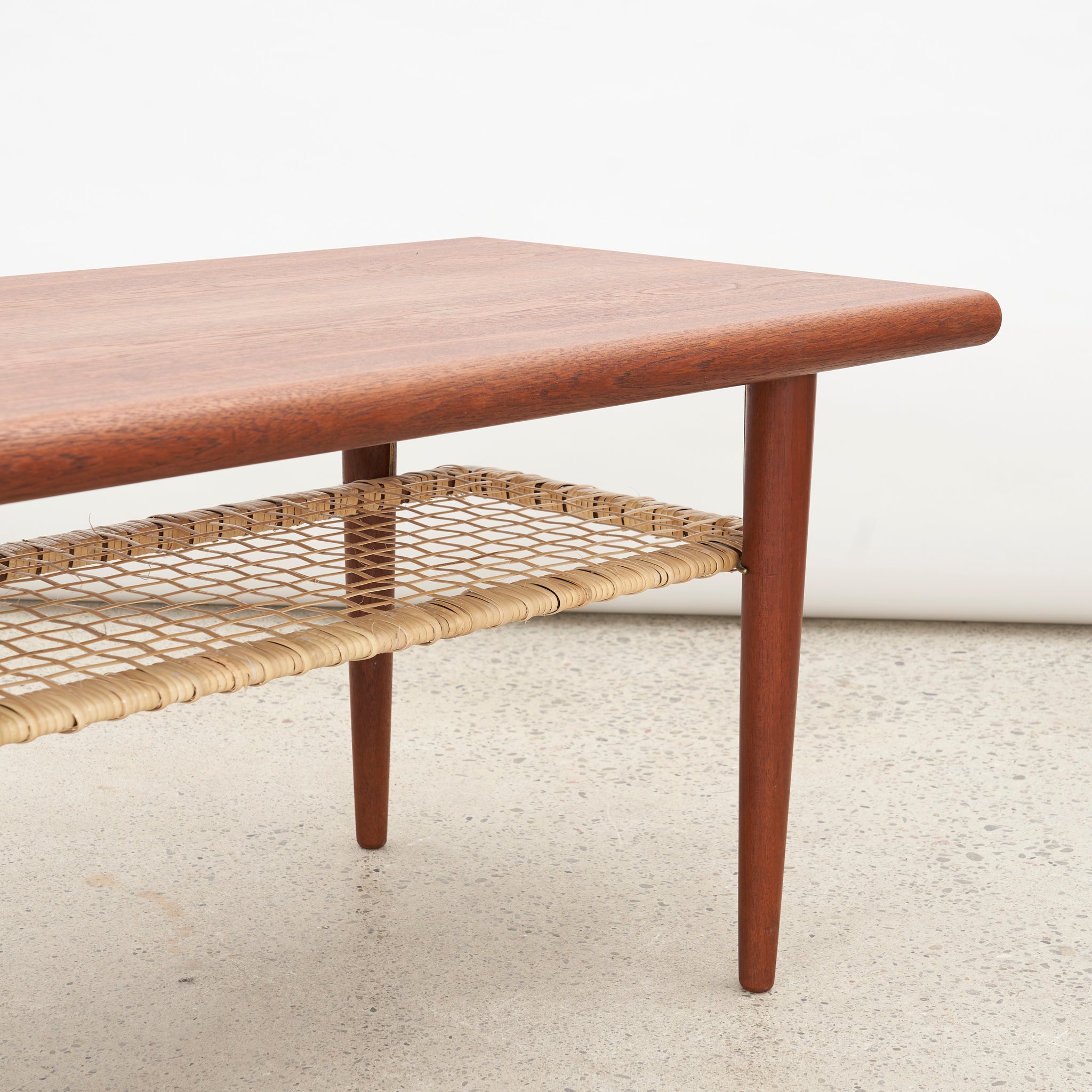 Teak Coffee Table w/ Cane Shelf by Johannes Andersen for Silkeborg